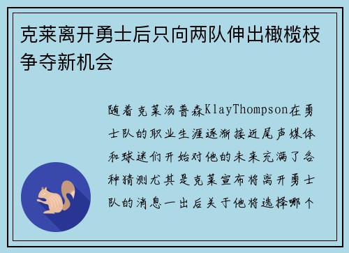克莱离开勇士后只向两队伸出橄榄枝争夺新机会