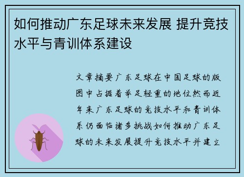 如何推动广东足球未来发展 提升竞技水平与青训体系建设