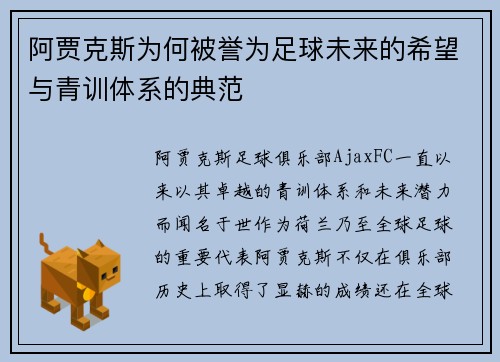 阿贾克斯为何被誉为足球未来的希望与青训体系的典范