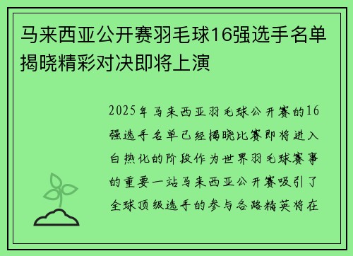 马来西亚公开赛羽毛球16强选手名单揭晓精彩对决即将上演