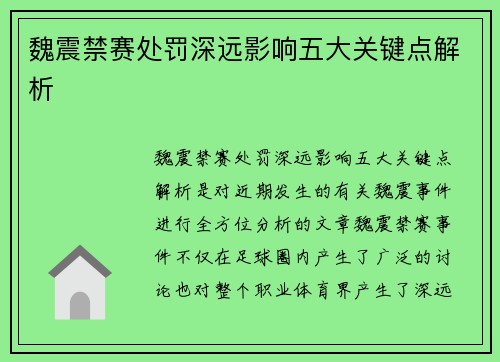 魏震禁赛处罚深远影响五大关键点解析
