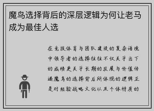 魔鸟选择背后的深层逻辑为何让老马成为最佳人选