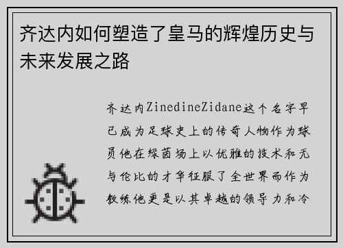 齐达内如何塑造了皇马的辉煌历史与未来发展之路 齐达内如何塑造了皇马的辉煌历史与未来发展之路